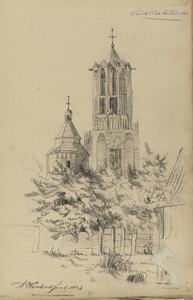 809963 Gezicht op de toren van de Buurkerk en de Domtoren te Utrecht uit het westen, vanaf de stadswal.